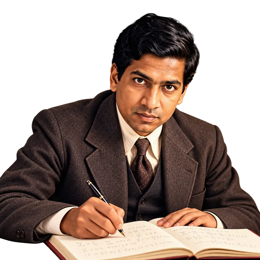 Illustration of Srinivasa Ramanujan working in his notebook